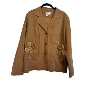 Coldwater Creek Womens Linen Embroidered Beaded‎ Jacket Brown Size XL Western